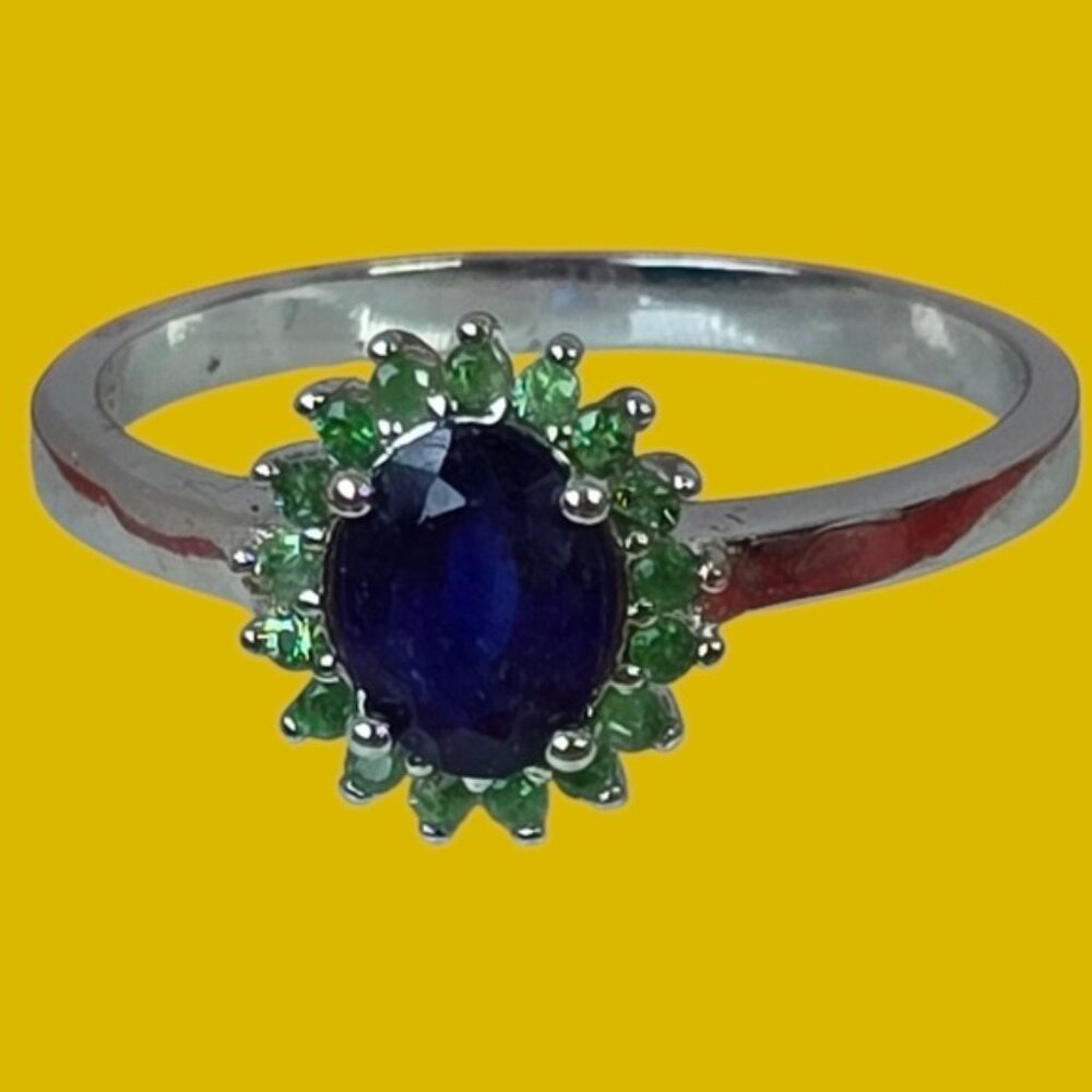 925 Sterling Sillver Ring 7 with Natural Blue Sapphire 5x7mm & Tsavorite Garnet